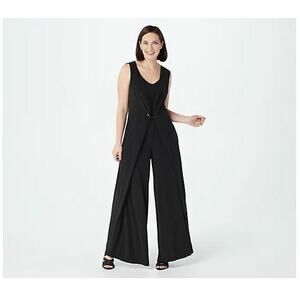 G.I.L.I. NEW $81 Drape Front Jettsetter Knit Jumpsuit in Noir Black Large‎